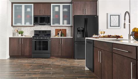 dark brown cabinets with black stainless steel appliances|kitchens with black stainless appliances.